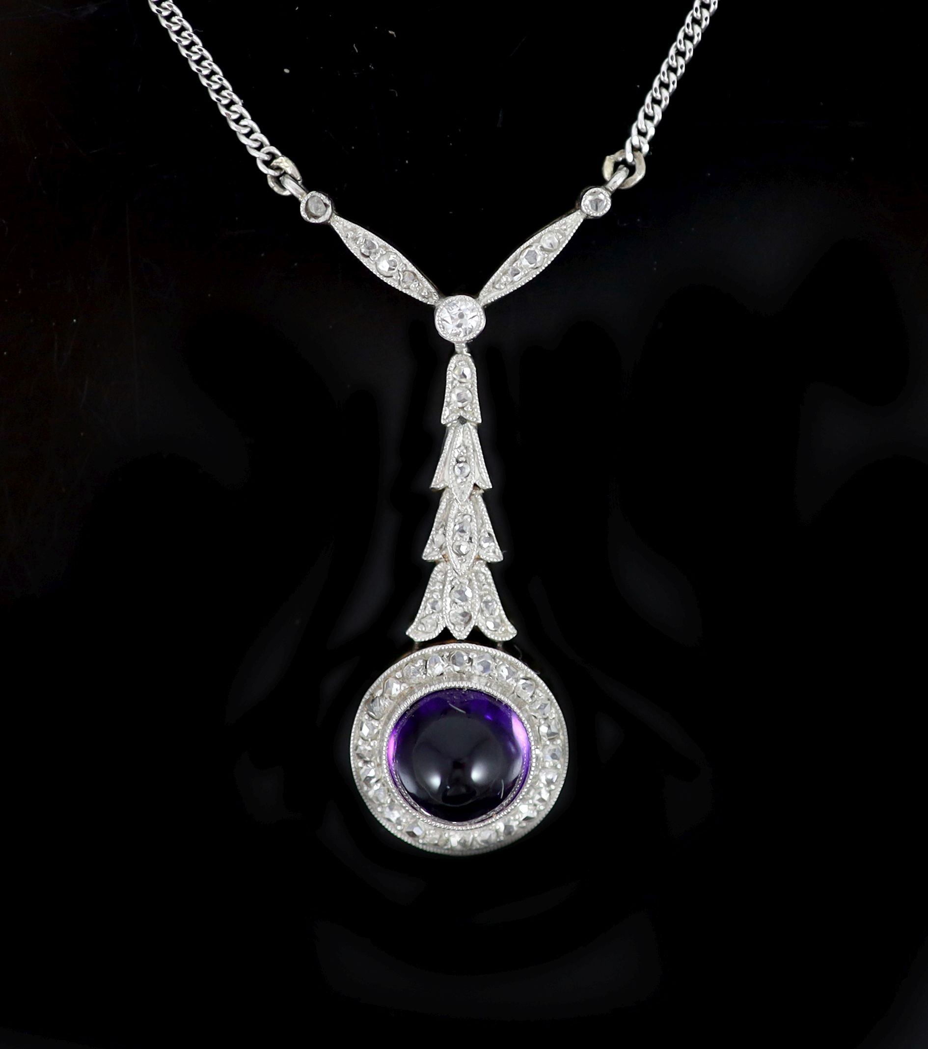 An 18ct gold, cabochon amethyst and rose cut diamond set drop pendant necklace